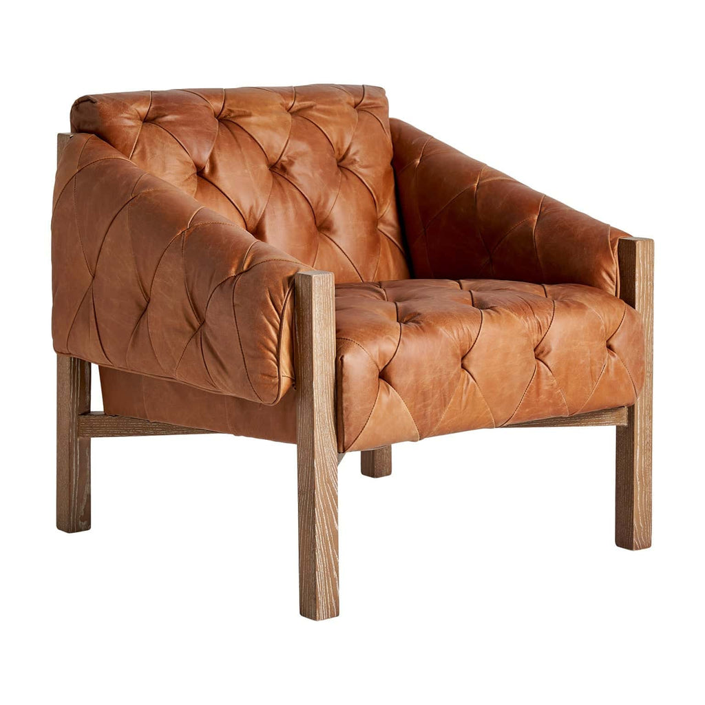 Brauner Ledersessel kombiniert mit Birkenholz im Vintage Stil - Maison Oudh