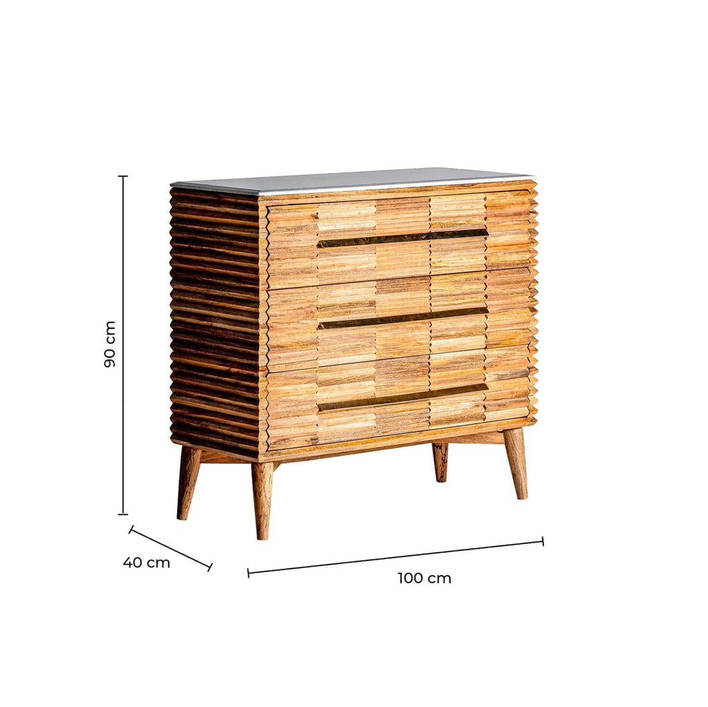 Designer Kommode Plissé aus Mangoholz kombiniert mit Marmor - Maison Oudh