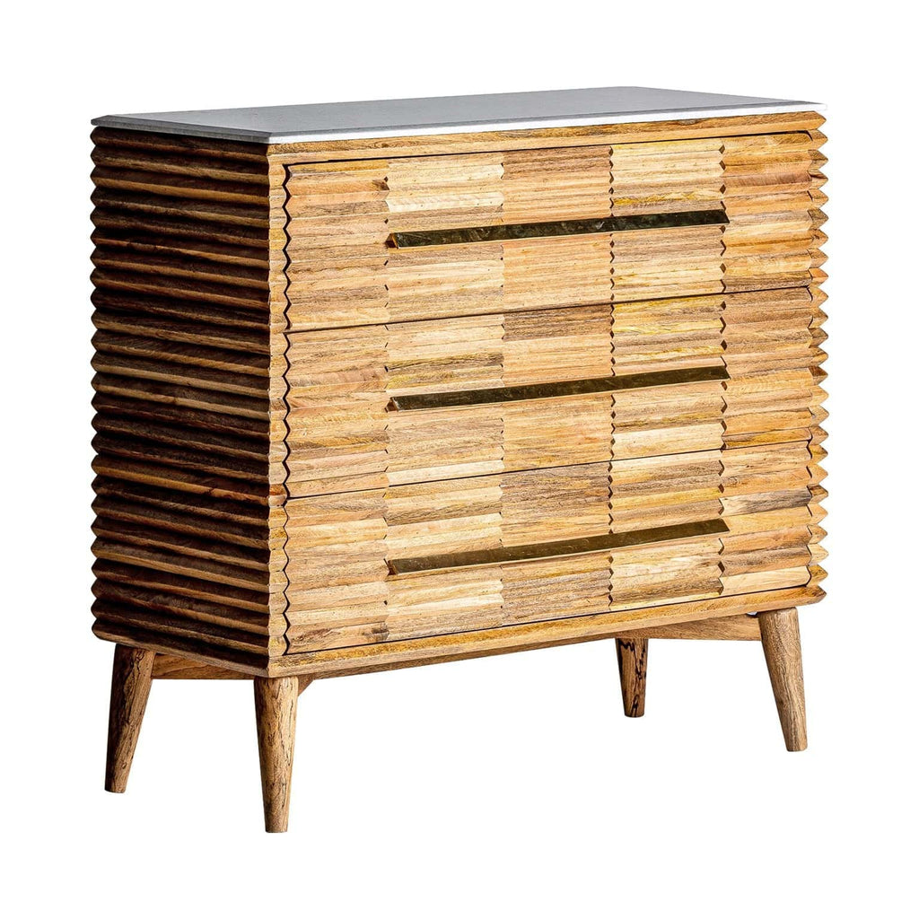 Designer Kommode Plissé aus Mangoholz kombiniert mit Marmor - Maison Oudh