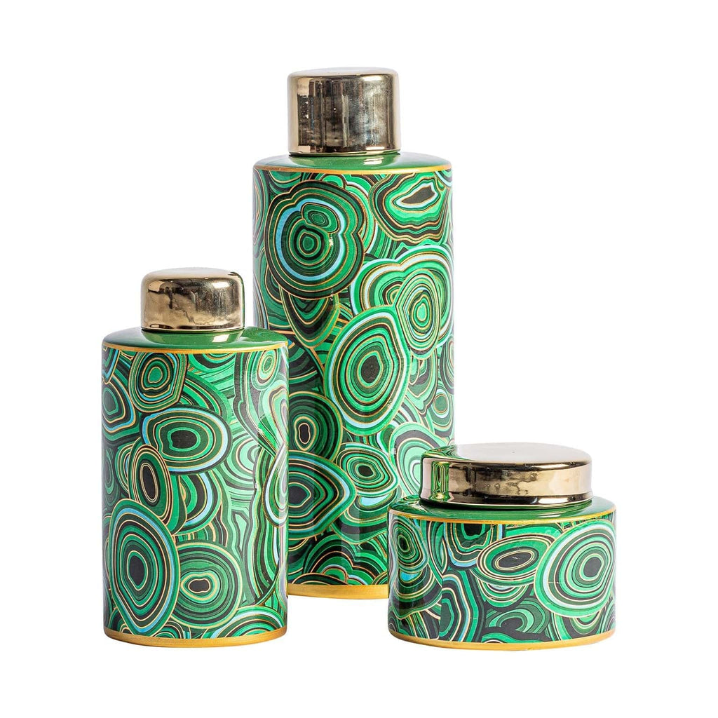 Gemusterte Keramikvase mit Deckel in Grün und Gold - Maison Oudh