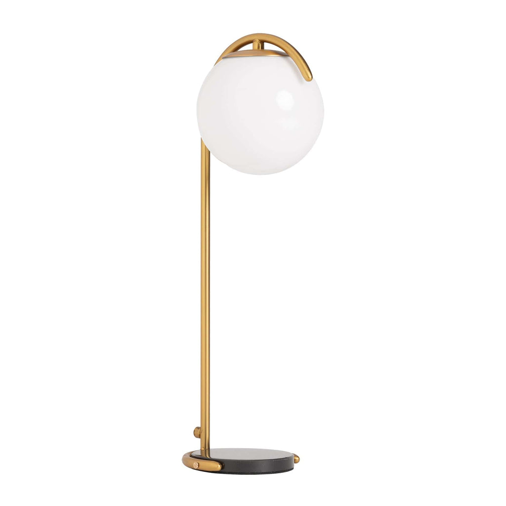Tischlampe im Art-Deco-Stil mit schwarzem Marmorfuß, weißem Kristallglas und goldfarbenem Gestell

