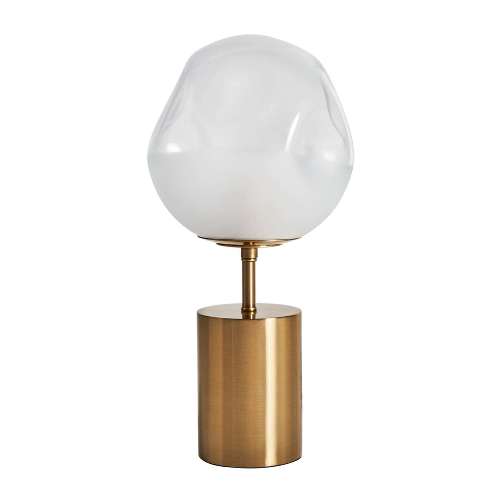 Art-Deco-Tischlampe mit goldfarbenem Fuß und organisch geformtem weißem Glaslampenschirm


