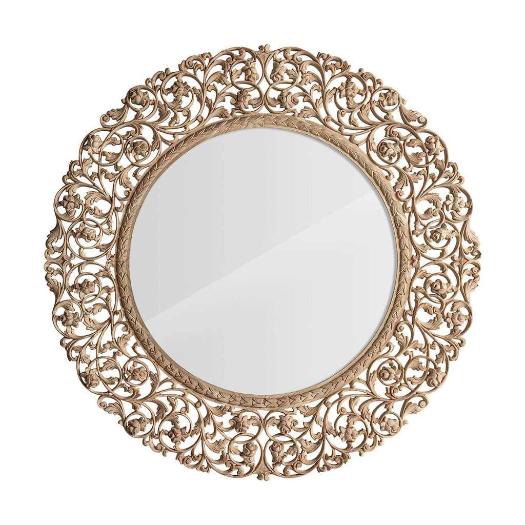 Großer runder Wandspiegel aus Teakholz im Ethnic-Stil in Naturfarbe

