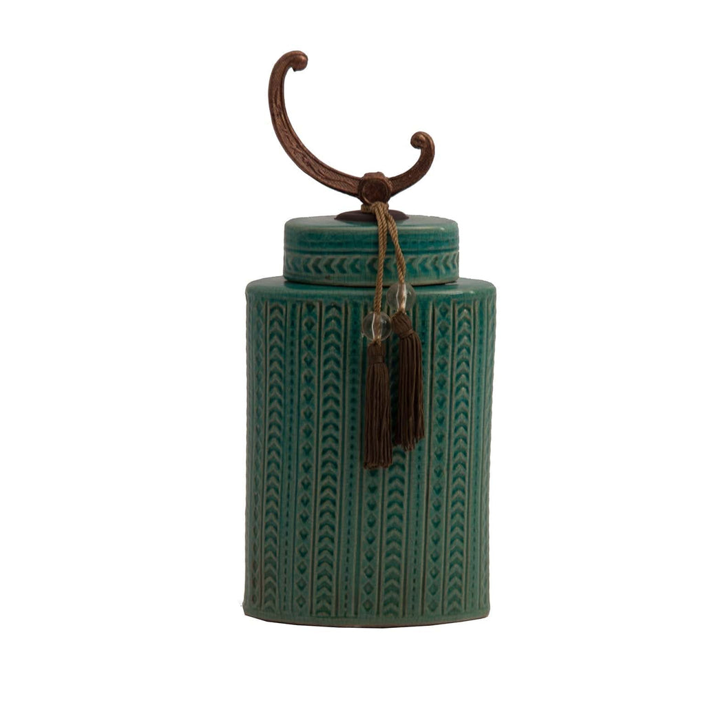 Grüne Keramikvase mit Deckel und einer Quaste - Maison Oudh