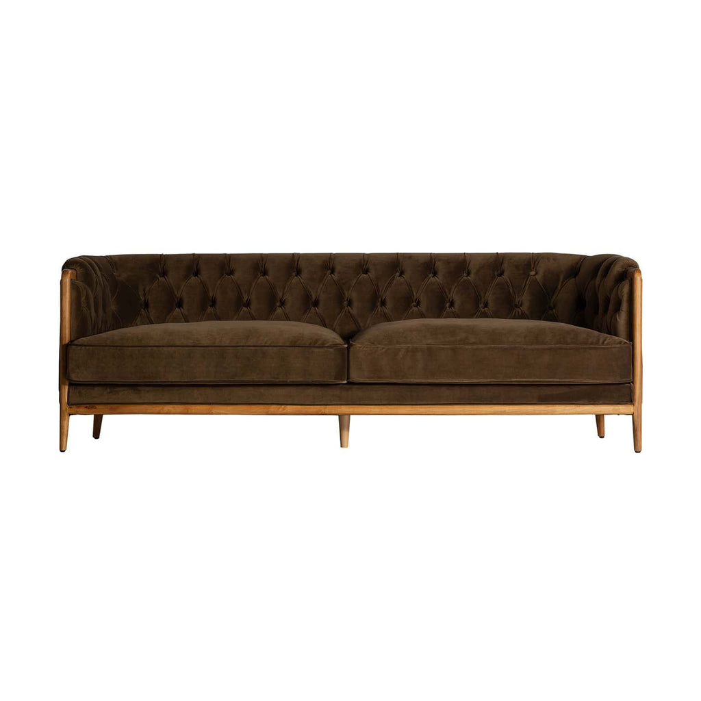 Grünes Sofa aus Samt kombiniert mit Gummibaumholz - Maison Oudh