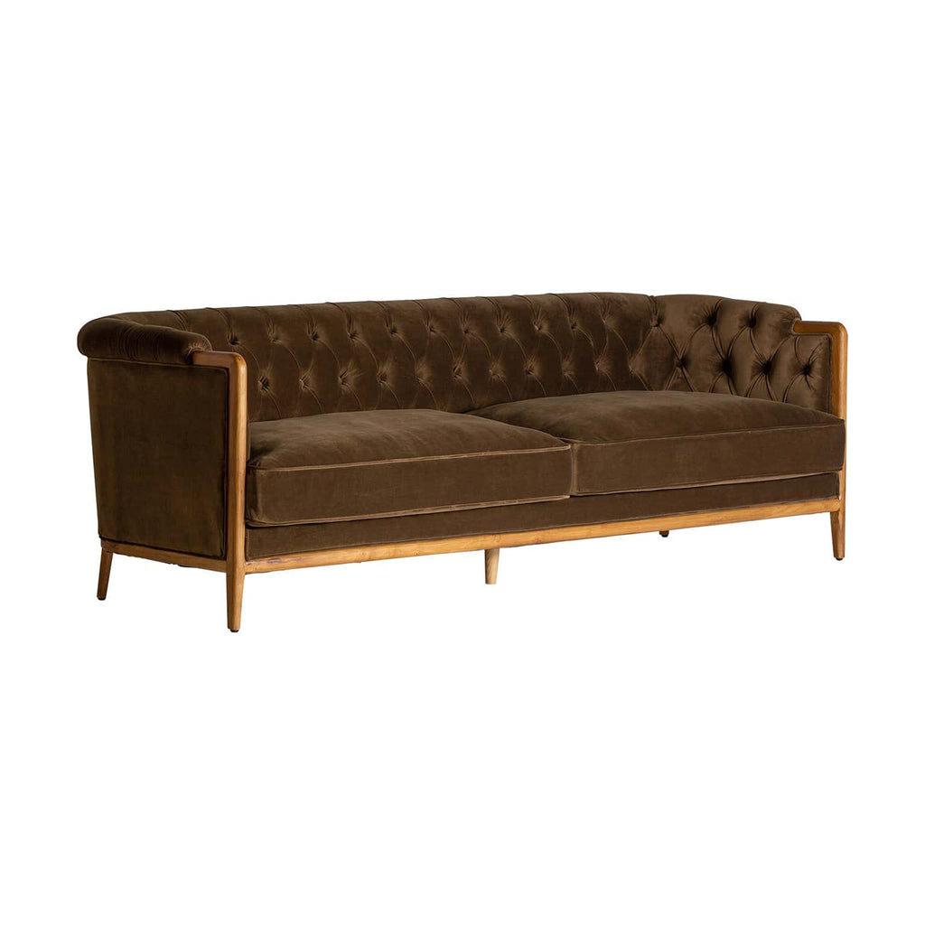Grünes Sofa aus Samt kombiniert mit Gummibaumholz - Maison Oudh
