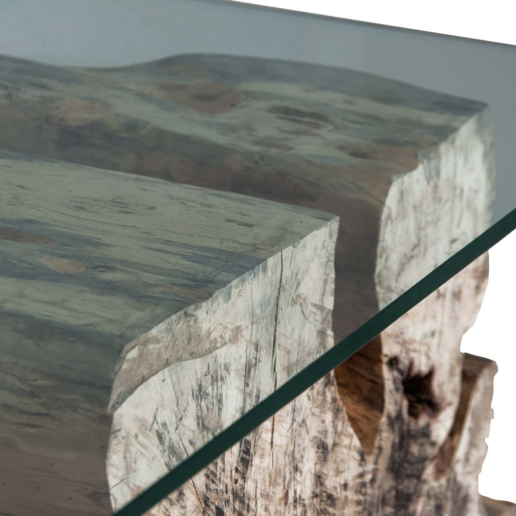 Handgefertigte Contemporary Konsole: Harmonie aus tropischem Holz und Glas - Maison Oudh