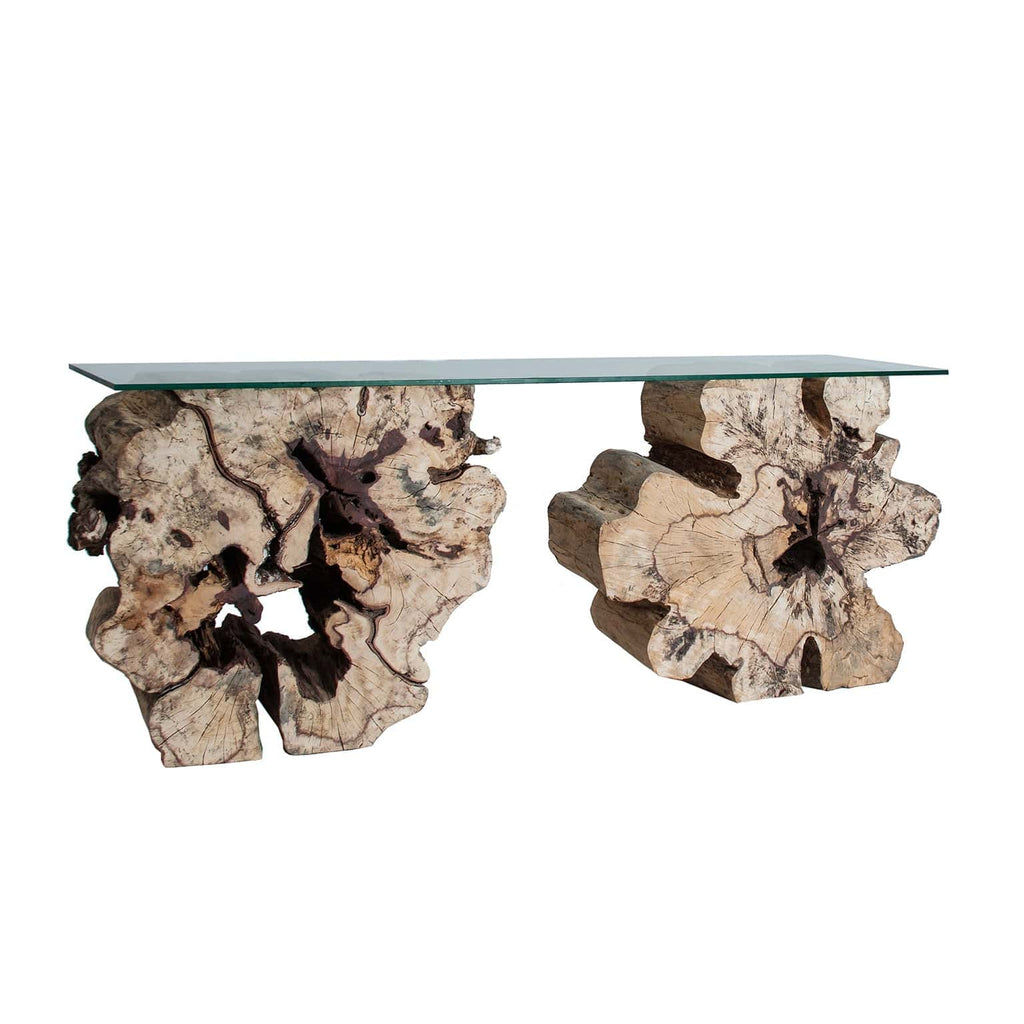 Handgefertigte Contemporary Konsole: Harmonie aus tropischem Holz und Glas - Maison Oudh