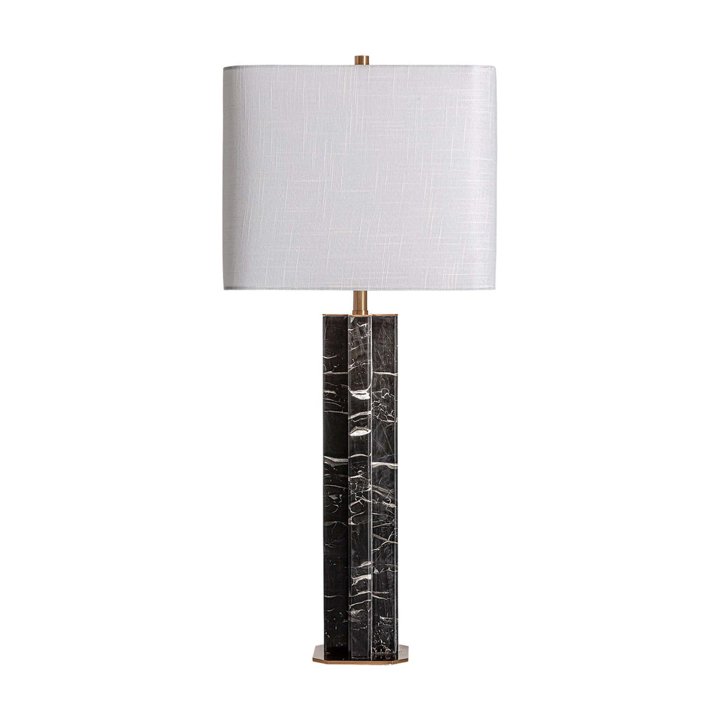 Tischlampe mit schwarzem Marmorfuß und weißem Stoffschirm im klassischen Stil

