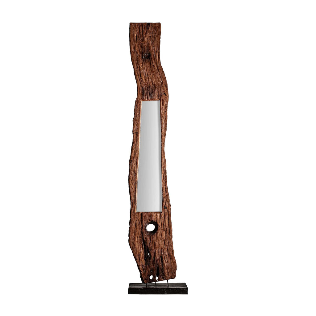 Handgefertigter Bodenspiegel aus Teakholz im Ethno-Stil, naturbelassen mit Distressed-Finish


