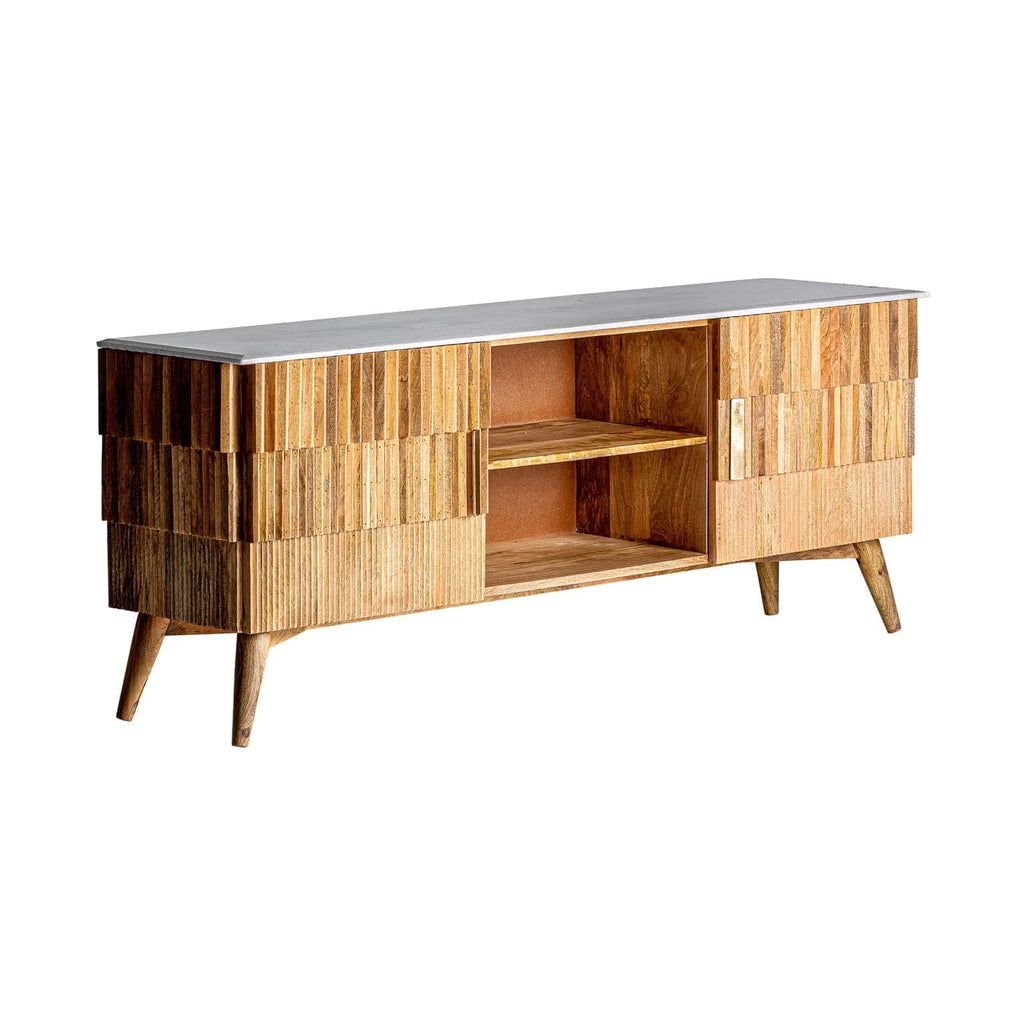 Handgefertigtes Design TV Board Plissé aus Mangoholz kombiniert mit hellem Marmor - Maison Oudh