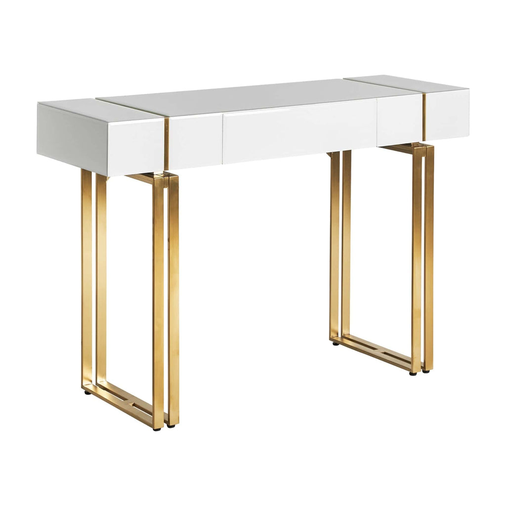 Hochwertige Konsole aus weissem Kristallglas kombiniert mit goldenen Stahlbeinen und einer Schublade - Maison Oudh