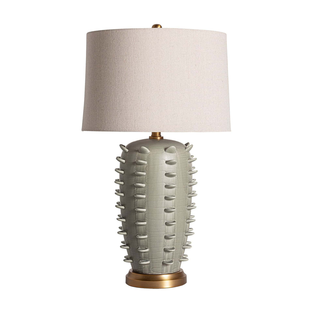 Handgefertigte Art Deco Tischlampe aus grüner Keramik mit goldfarbenem Sockel und Natur-Lampenschirm


