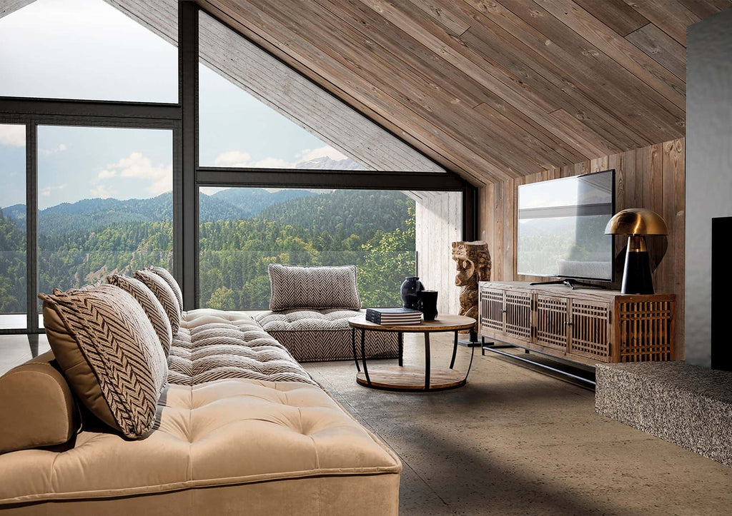 Modulares Loungesofa in Braun und Beige bezogen mit Samt und Leinen - Maison Oudh