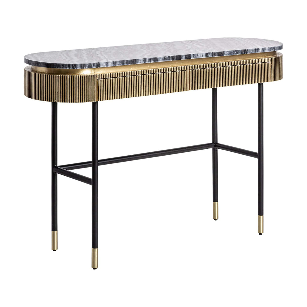 Ovale Art Deco Konsole aus Marmor kombiniert mit zwei Schubladen und goldenen Elementen - Maison Oudh
