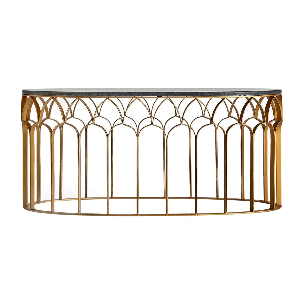 Ovaler Couchtisch in Gold kombiniert mit einer schwarzen Marmorplatte im Art Deco Stil - Maison Oudh