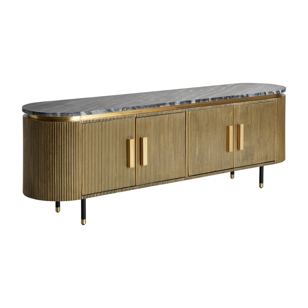 Ovales TV Board in Gold kombiniert mit einer schwarzen Marmorplatte - Maison Oudh