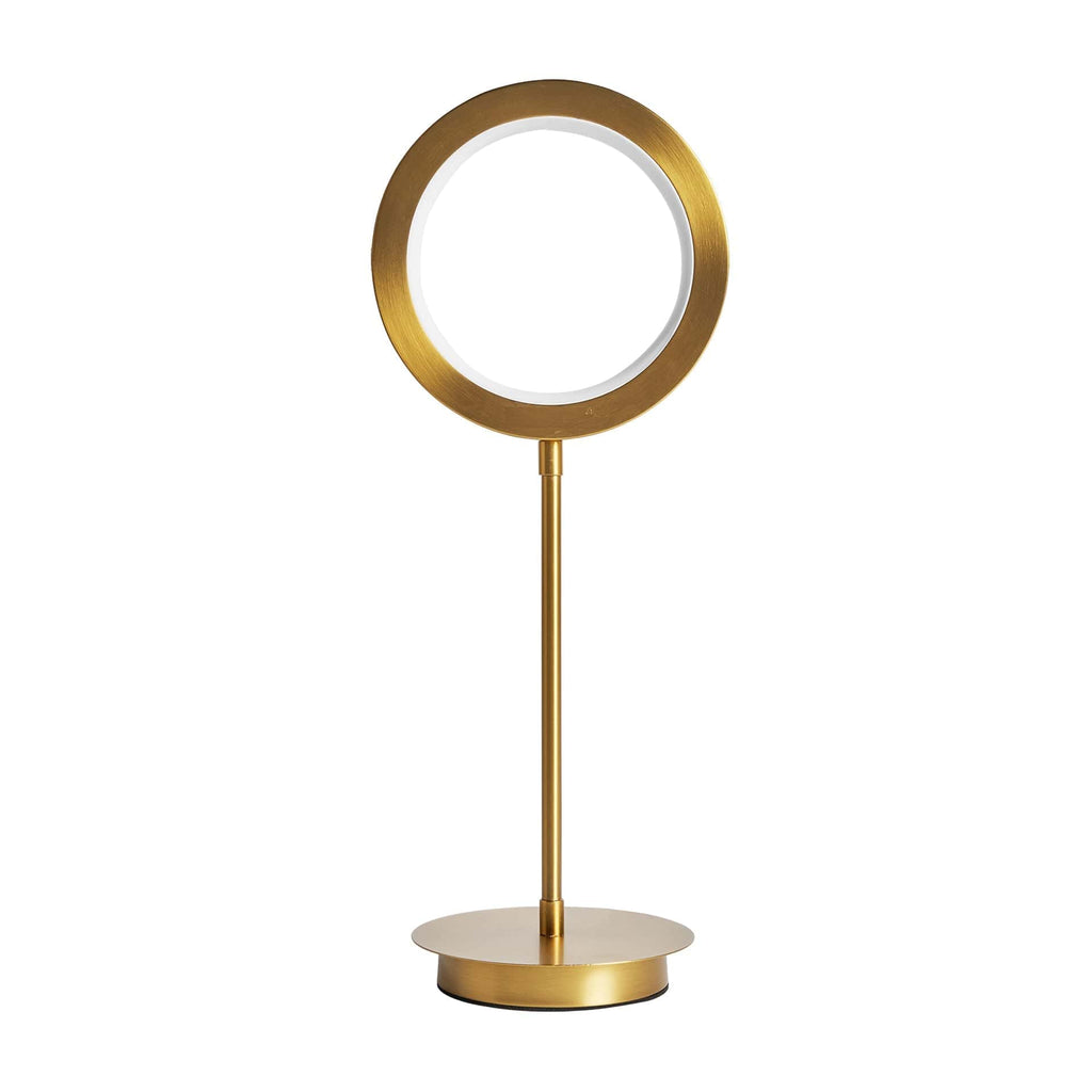 Runde LED Tischlampe aus goldfarbenem Messing . art deco design 

