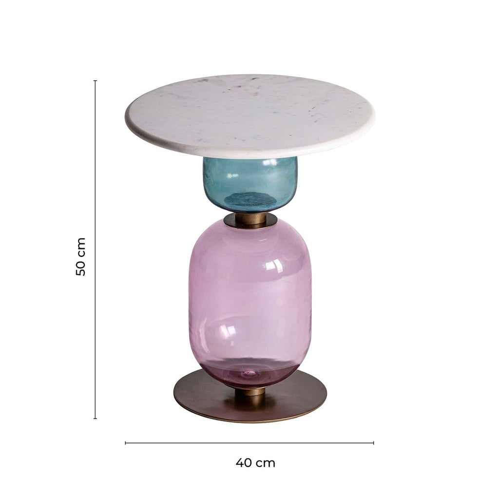 Runder Beistelltisch aus buntem Glas kombiniert mit einer Marmorplatte - Maison Oudh