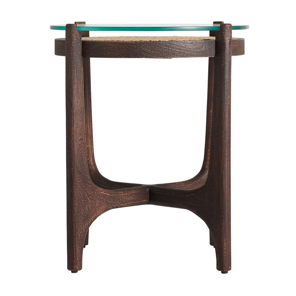 Runder Kolonial Beistelltisch aus Mangoholz mit Glas und Rattan