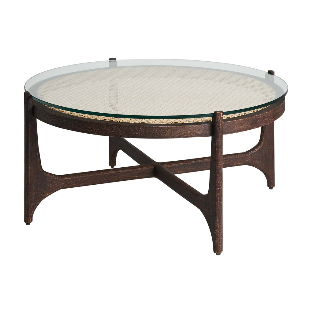 Runder Couchtisch aus Mangoholz mit Rattan und Glas
