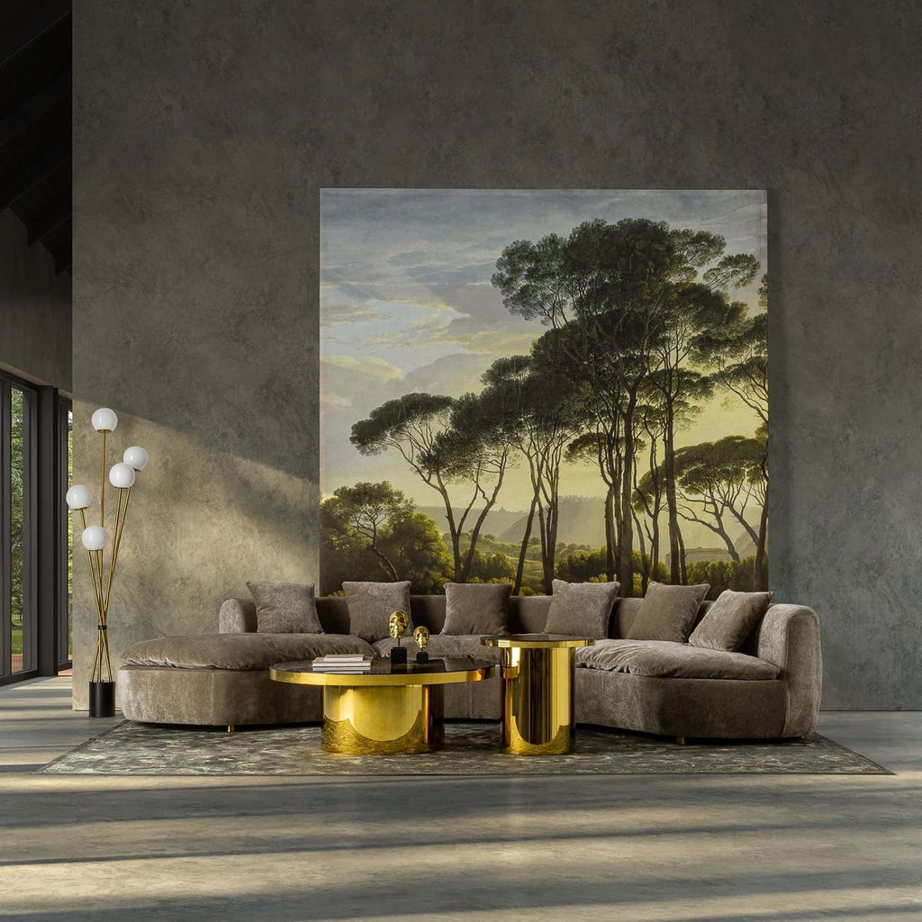 Runder Couchtisch in Gold kombiniert mit einer dekorativen Glasplatte - Maison Oudh