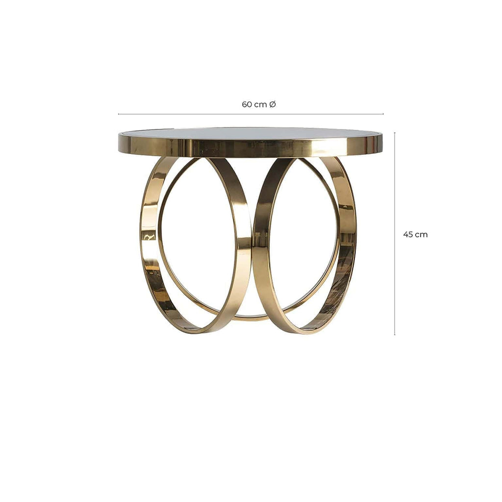 Runder Couchtisch in Gold kombiniert mit einer schwarzen Spiegelglasplatte - Maison Oudh