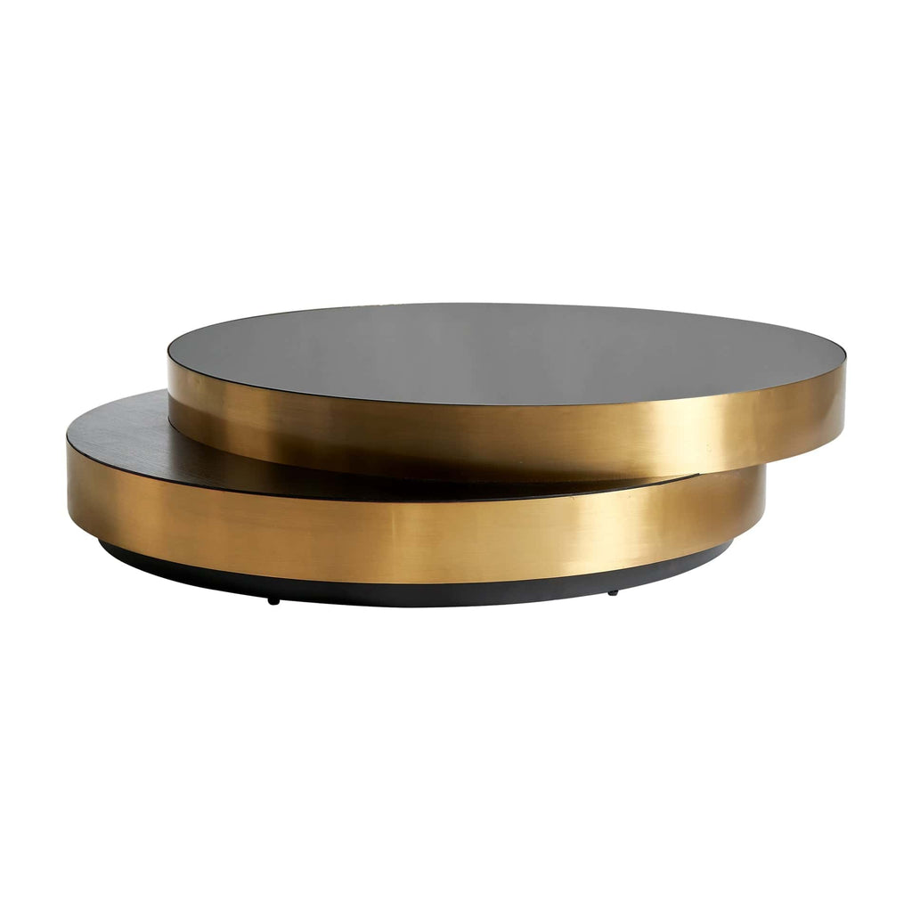 Runder Couchtisch in Gold mit einer Schwarzen Glasplatte und einer Holzplatte - Maison Oudh