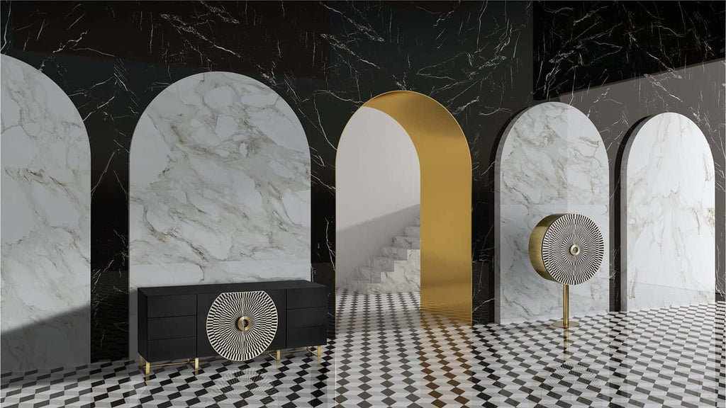 Runder Designer Barschrank aus schwarzem und weissem Bone kombiniert mit Gold - Maison Oudh