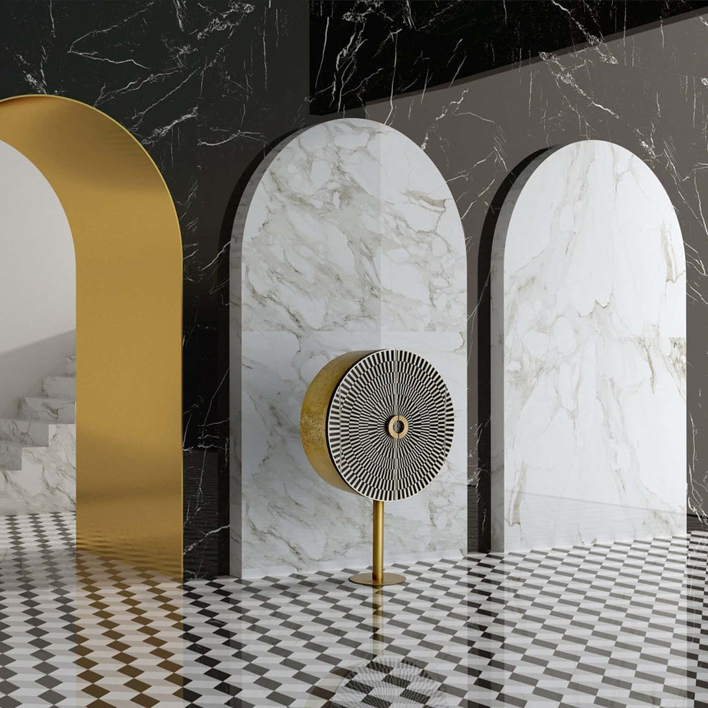 Runder Designer Barschrank aus schwarzem und weissem Bone kombiniert mit Gold - Maison Oudh