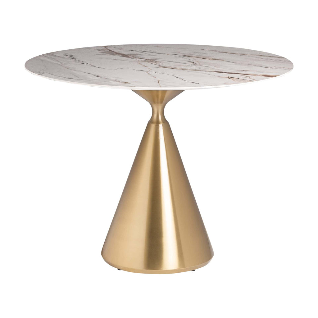 Runder Esstisch mit einer marmorierten Tischplatte in Weiss kombiniert mit goldenem Stahl -large- - Maison Oudh