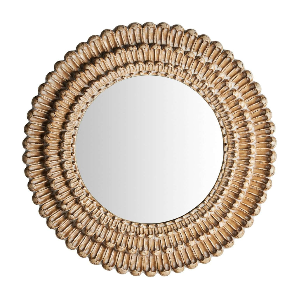 Runder Spiegel im Art-Deco-Stil mit goldenem Resinrahmen und washed Finish
