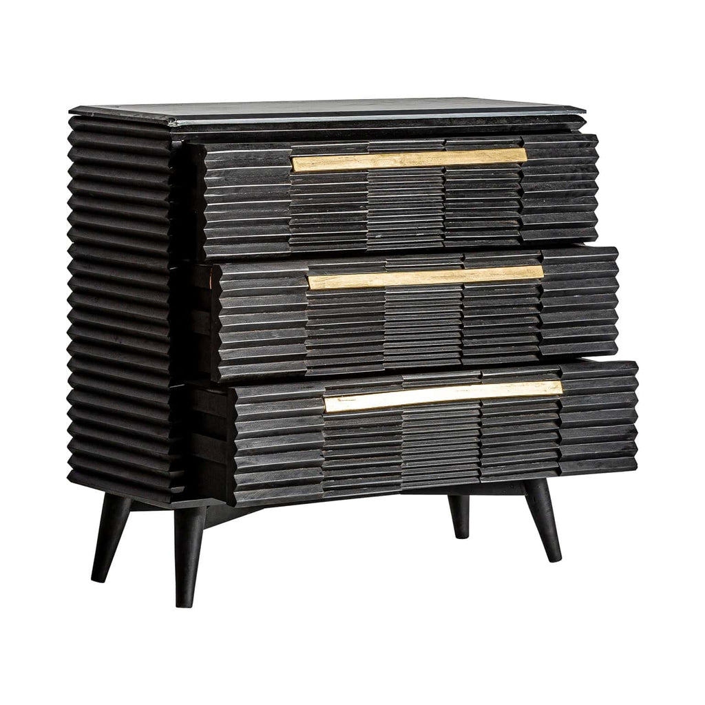 Schwarze Designer Kommode Plissé aus Mangoholz kombiniert mit Marmor - Maison Oudh