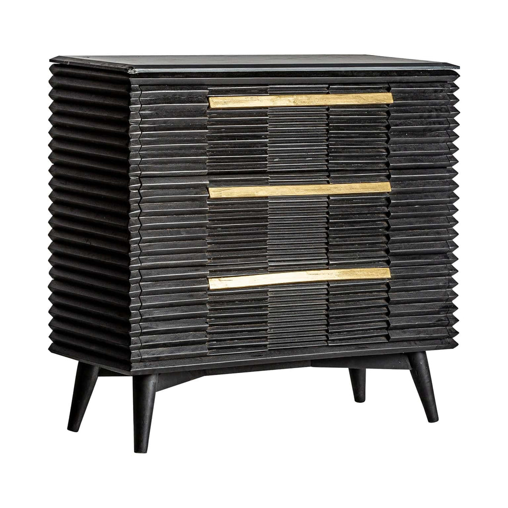 Schwarze Designer Kommode Plissé aus Mangoholz kombiniert mit Marmor - Maison Oudh