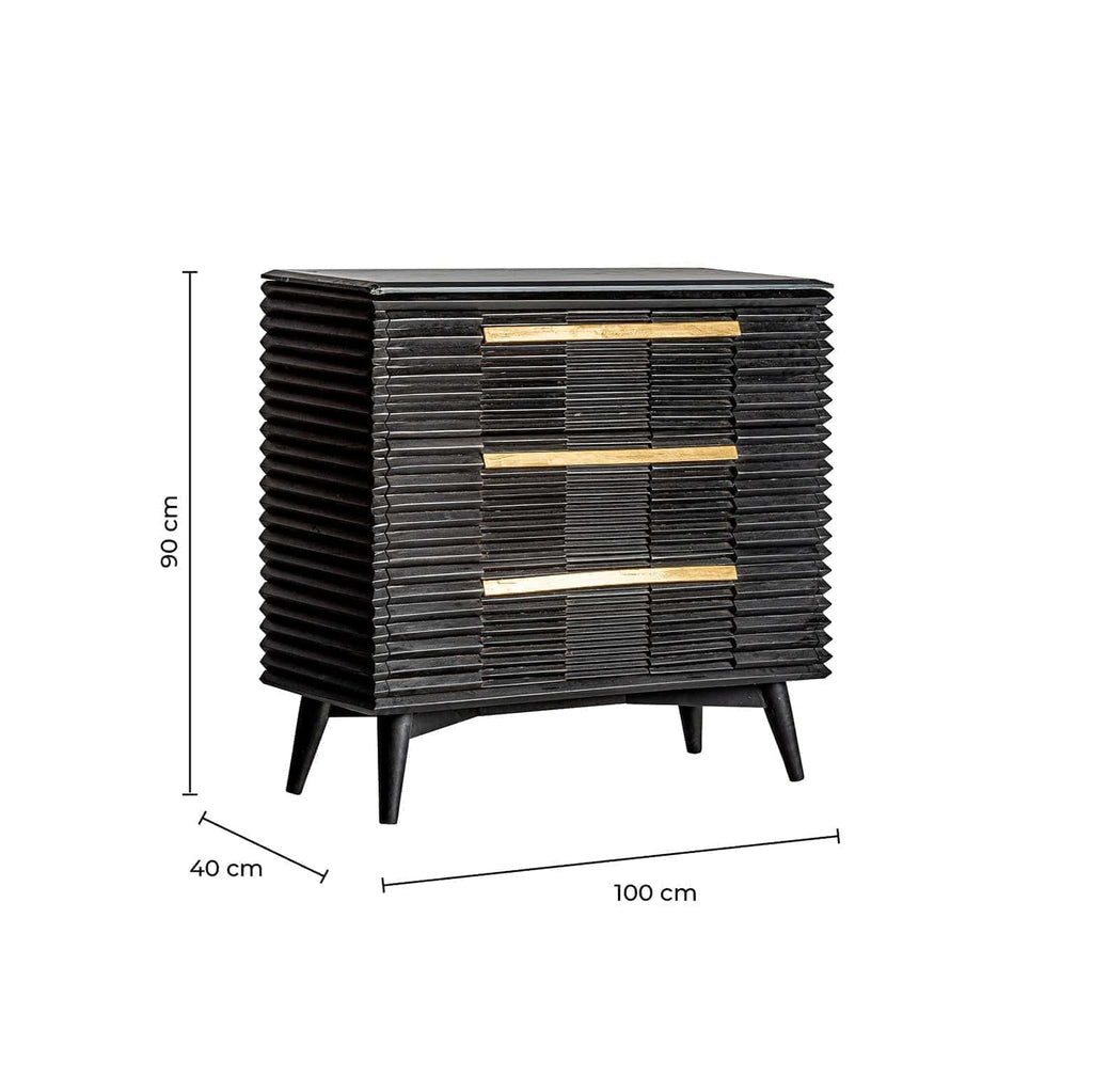 Schwarze Designer Kommode Plissé aus Mangoholz kombiniert mit Marmor - Maison Oudh