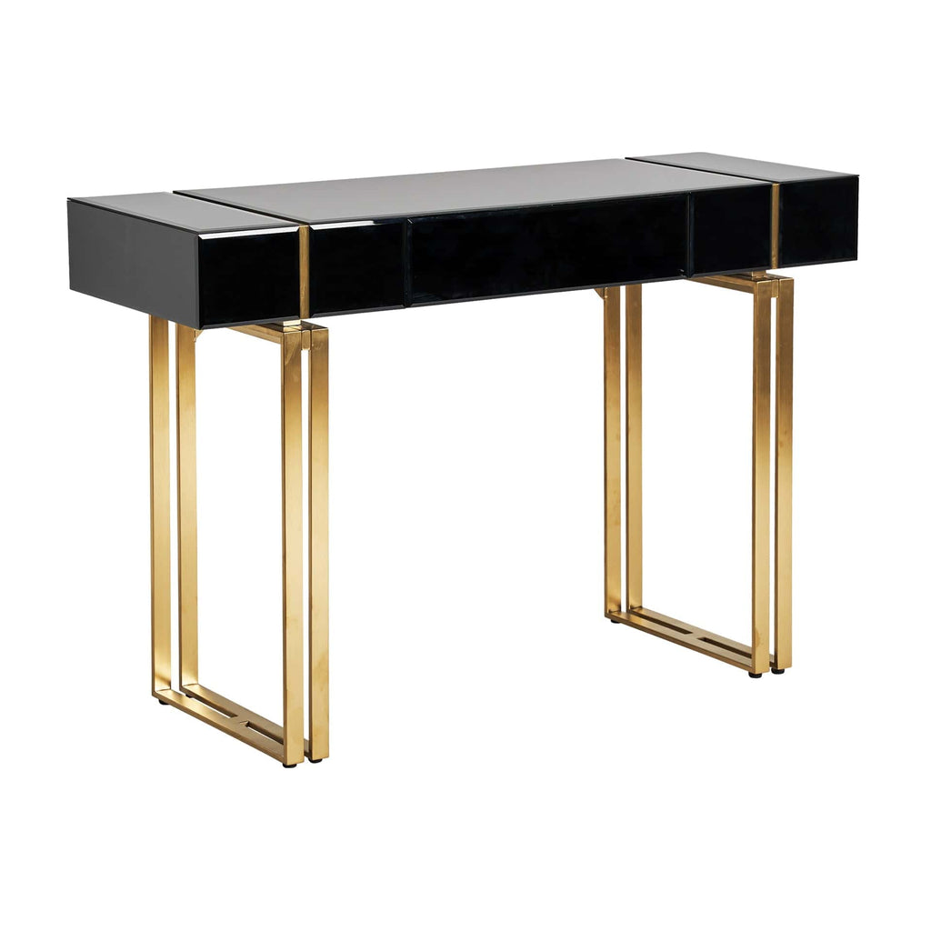 Schwarze Konsole aus Kristallglas mit einer Schublade und goldenen Elementen - Maison Oudh