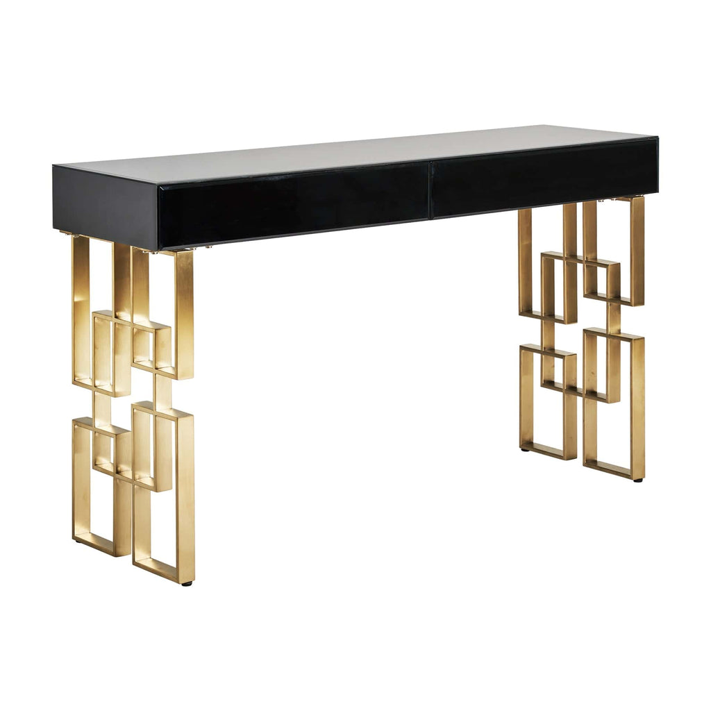 Schwarze Konsole aus Spiegelglas kombiniert mit goldenen Details - Maison Oudh