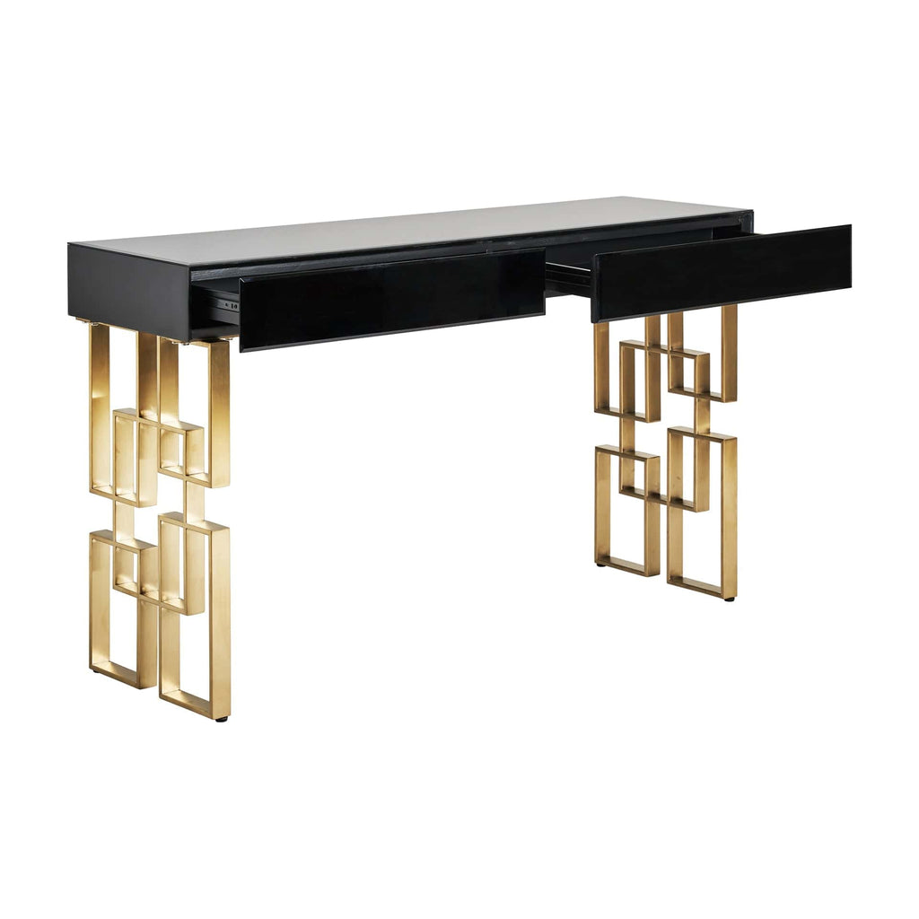 Schwarze Konsole aus Spiegelglas kombiniert mit goldenen Details - Maison Oudh