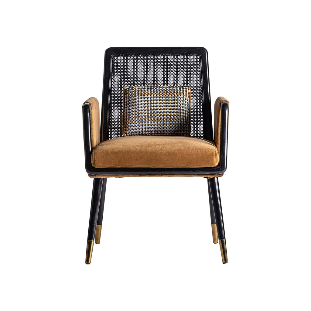 Schwarzer Art Deco Stuhl aus Walnussbaumholz und Rattan kombiniert mit senffarbenem Samt - Maison Oudh