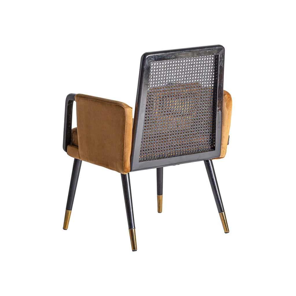 Schwarzer Art Deco Stuhl aus Walnussbaumholz und Rattan kombiniert mit senffarbenem Samt - Maison Oudh