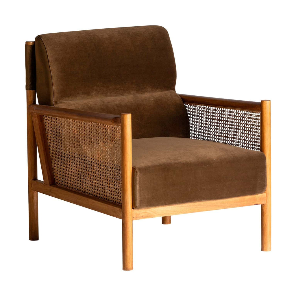 Samtsessel aus Holz und Rattan im Kolonial Stil