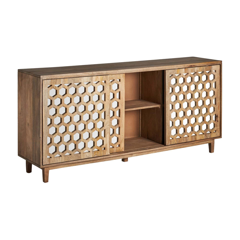 Sideboard aus Mangoholz mit einer dekorativen Front kombiniert mit Spiegel - Maison Oudh