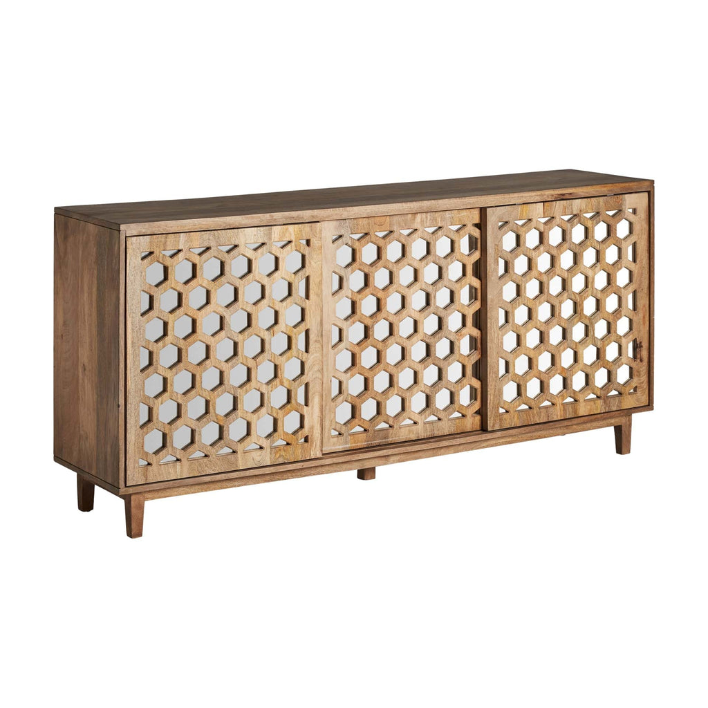 Sideboard aus Mangoholz mit einer dekorativen Front kombiniert mit Spiegel - Maison Oudh