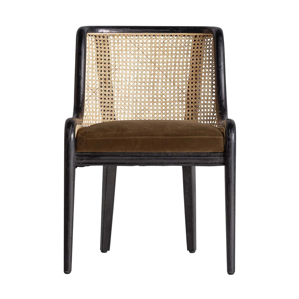 Schwarzer Stuhl im Kolonial Stil mit naturfarbenem Rattan und edlem Samt- Maison Oudh