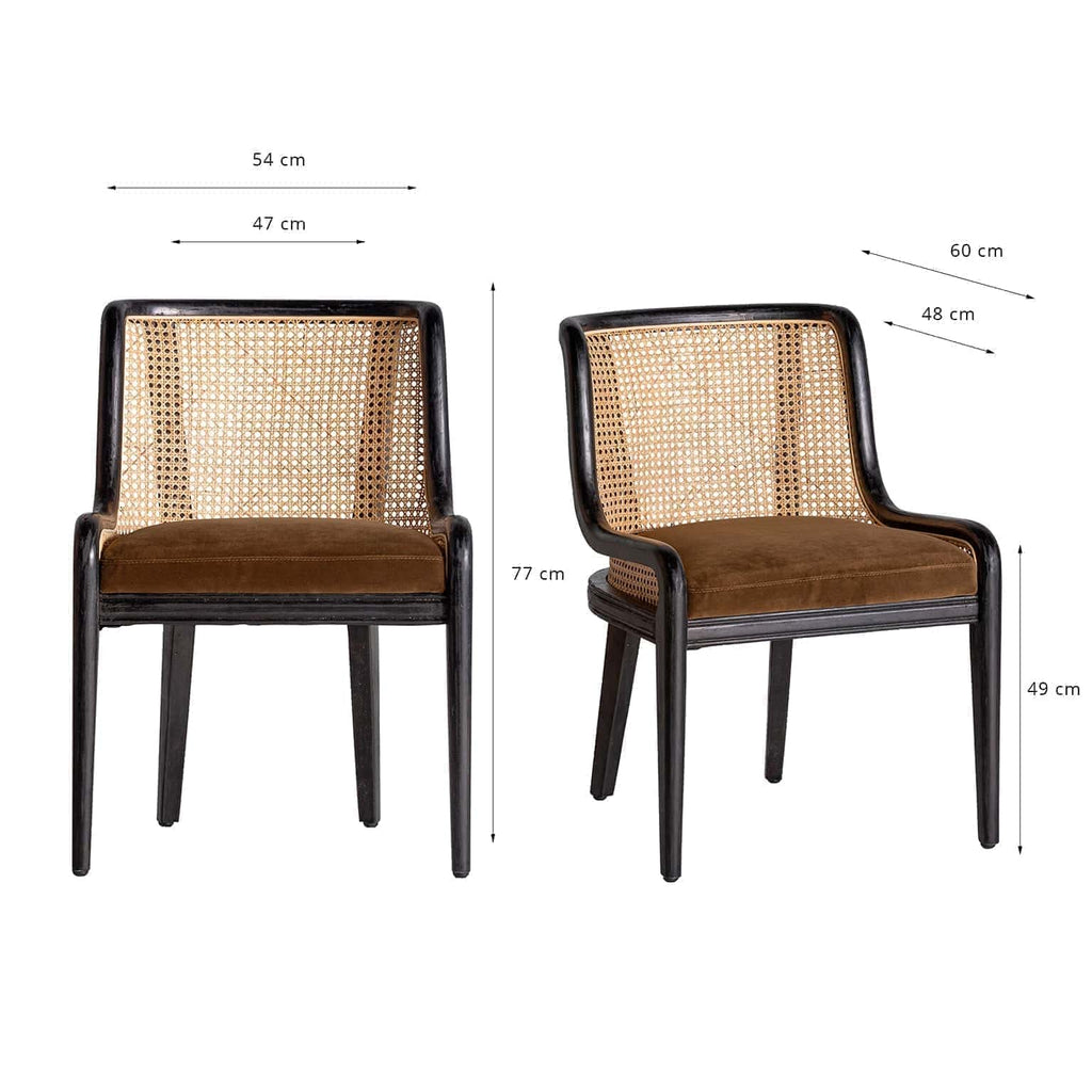 Schwarzer Stuhl im Kolonial Stil mit naturfarbenem Rattan und edlem Samt - Maison Oudh