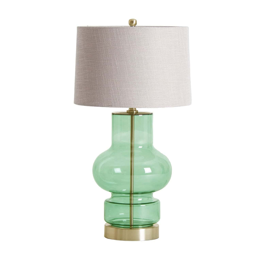 Tischlampe aus grünem Glas, weißem Leinen und goldenem Fuß im klassischen Stil
