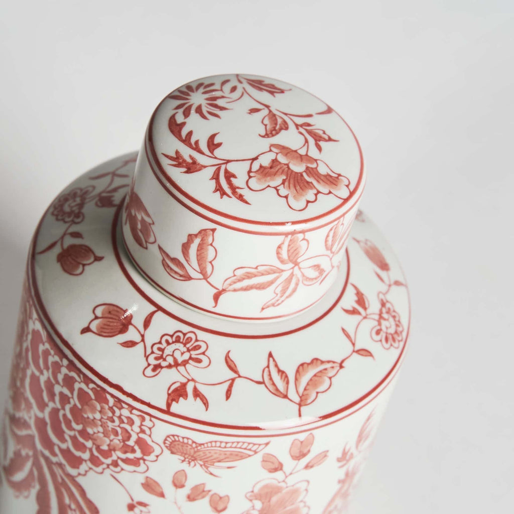 Weiße Keramikvase mit Deckel und roten Blumenmotiven -Klein-- Maison Oudh