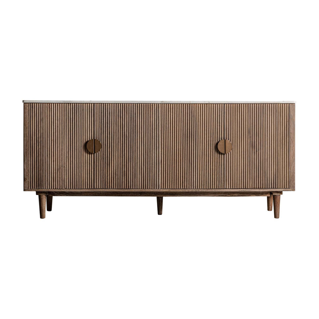 Viertüriges Sideboard aus Mangoholz kombiniert mit weissem Marmor - Maison Oudh