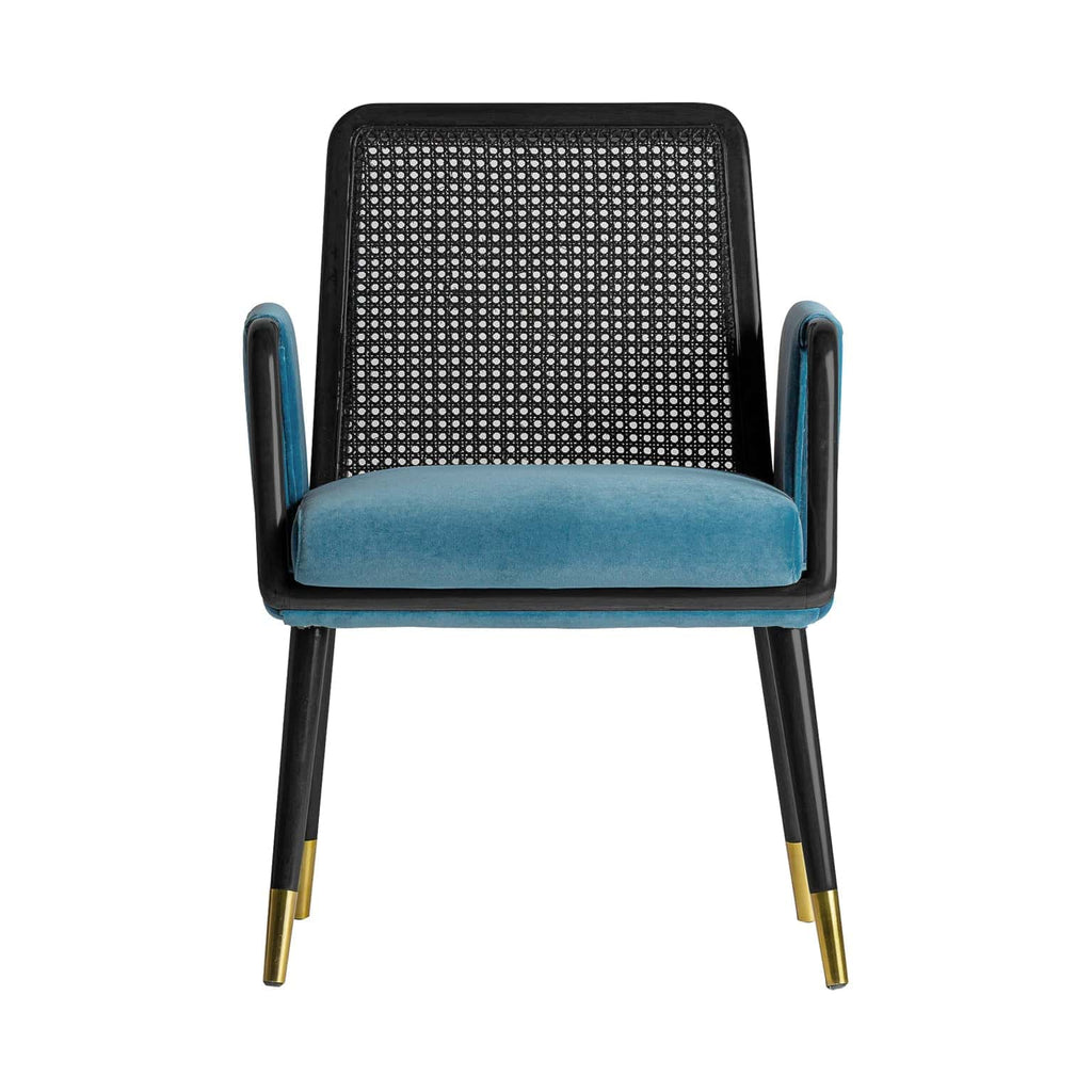 Vintage Stuhl aus Walnussbaumholz kombiniert mit Rattan und blauem Samt - Maison Oudh