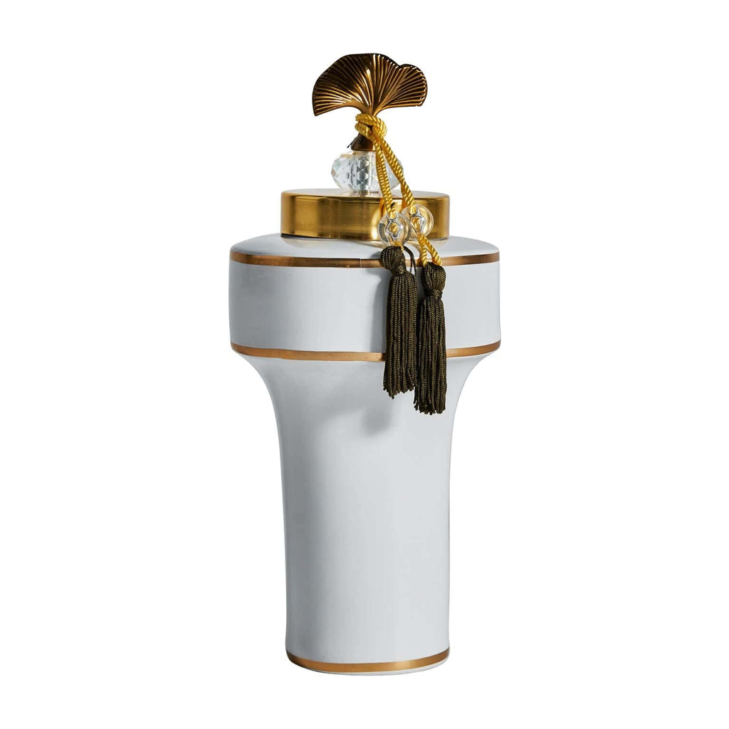 Weisse Keramikvase im Art Deco Stil kombiniert mit einem dekorativen Deckel - Maison Oudh